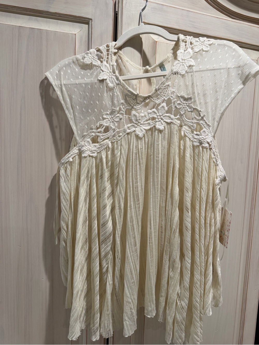 Free People Cream Crochet-Trim Pleated Boho Tunic